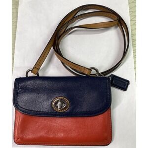 COACH Park Dylan Women Leather Colorblock Crossbody Purse Navy/Orange 4.25x6x.50